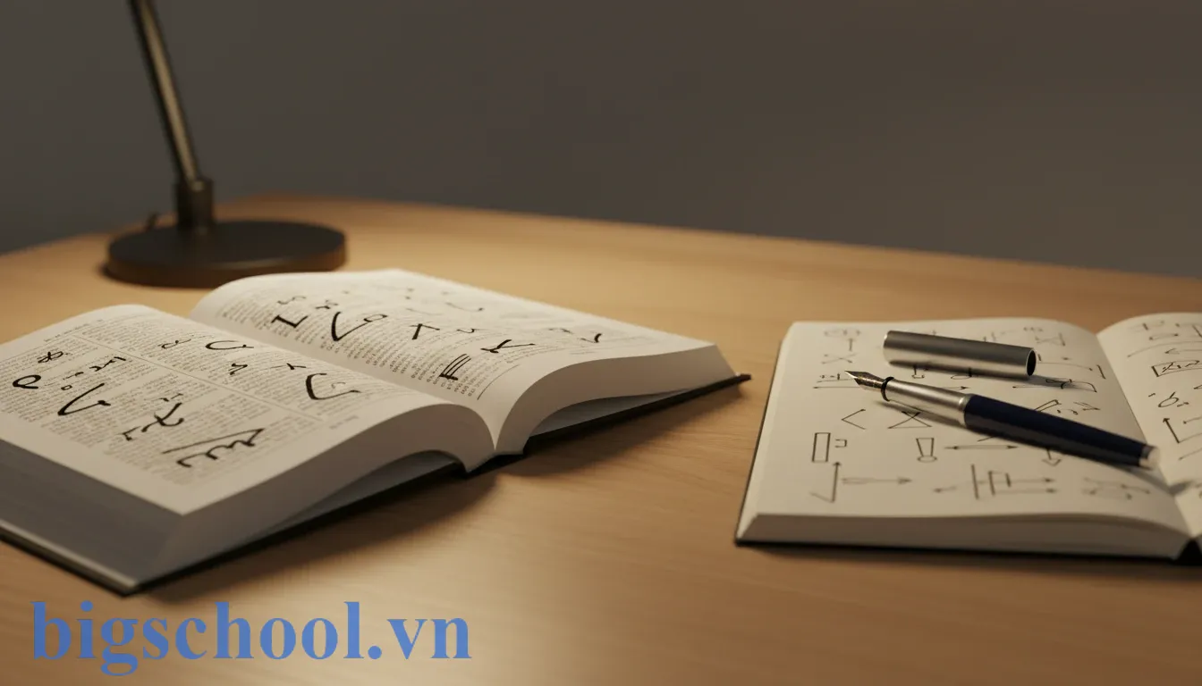 Từ điển tiếng Việt mở rộng trên bàn gỗ cùng sổ tay ghi chép chi tiết về từ vựng.