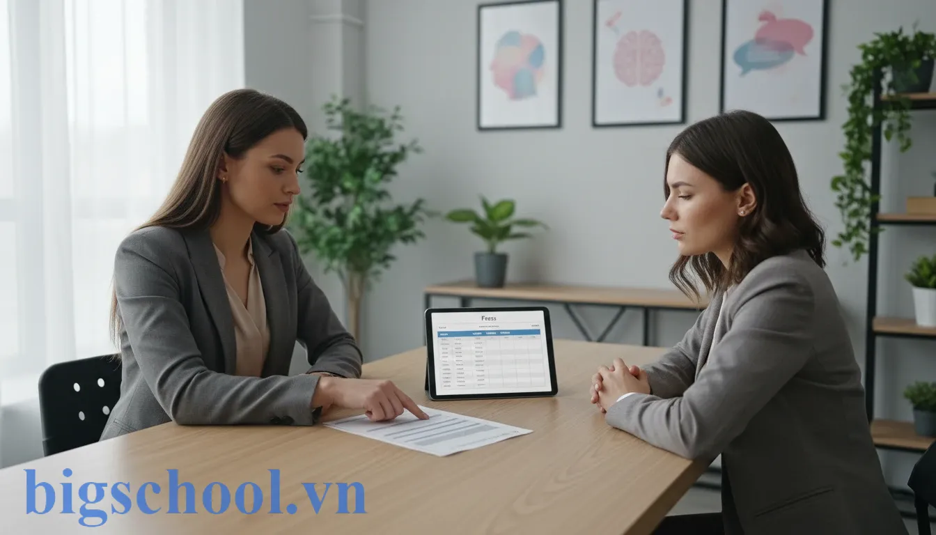 Tư vấn viên trung tâm ngoại ngữ giải thích minh bạch nội quy học phí cho phụ huynh học sinh.