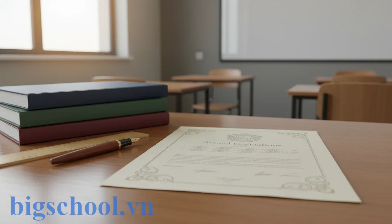 Văn bản nội quy trường học chuẩn mực đặt cạnh bút ký và sách trên bàn làm việc.