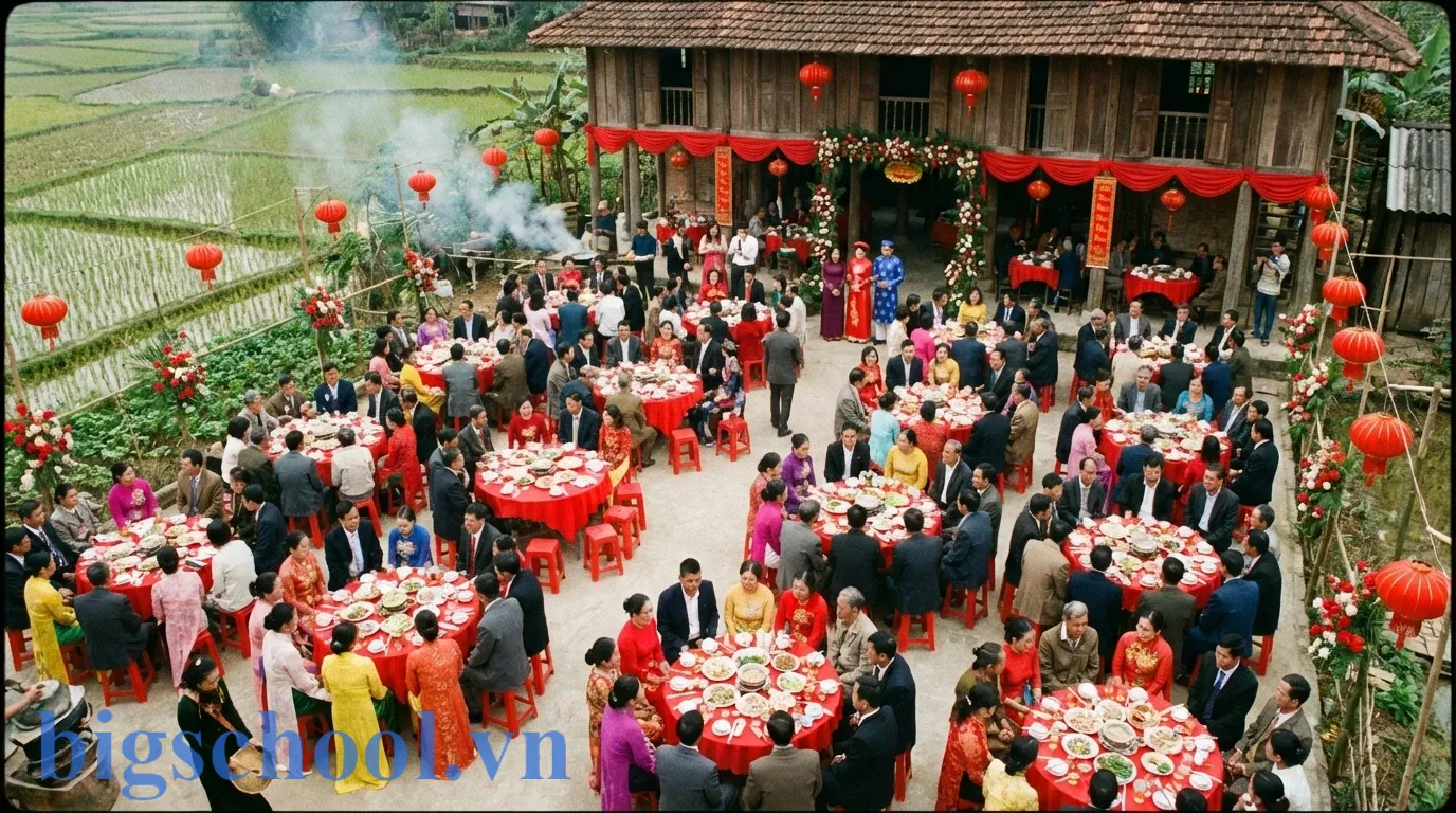 Bối cảnh mâm cỗ cưới truyền thống Việt Nam tượng trưng cho thuật ngữ đại học trăm mâm.