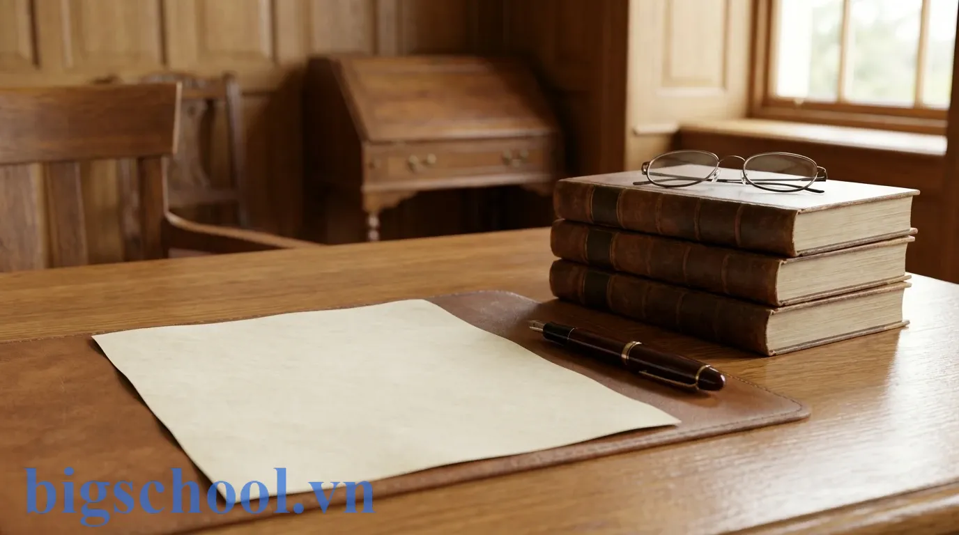 Đơn xin phép nghỉ học được chuẩn bị trang trọng trên bàn học cùng bút mực và sách vở.
