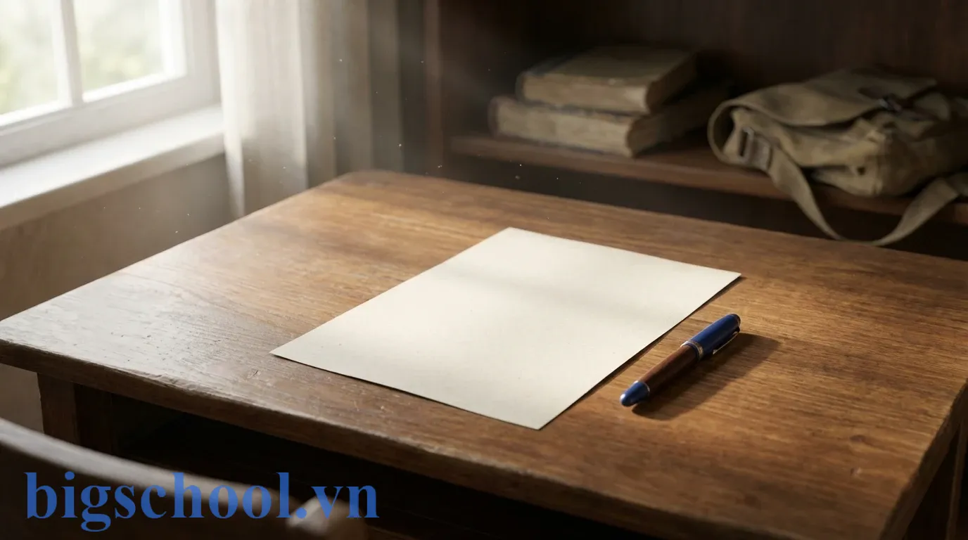 Đơn xin phép nghỉ học được trình bày trang trọng trên bàn học với bút mực và sách giao khoa.