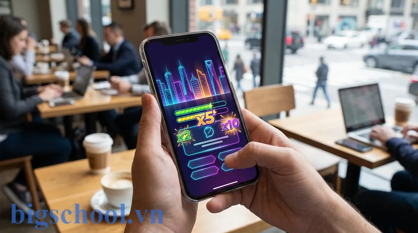 Giao diện trò chơi Thành Phố MoMo với các câu hỏi đối kháng kịch tính trên điện thoại di động.