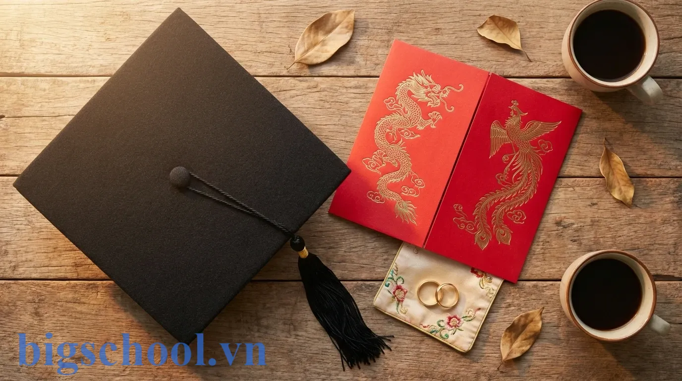 Hình ảnh nón tốt nghiệp đại học đặt cạnh thiệp cưới truyền thống đầy tính biểu tượng.