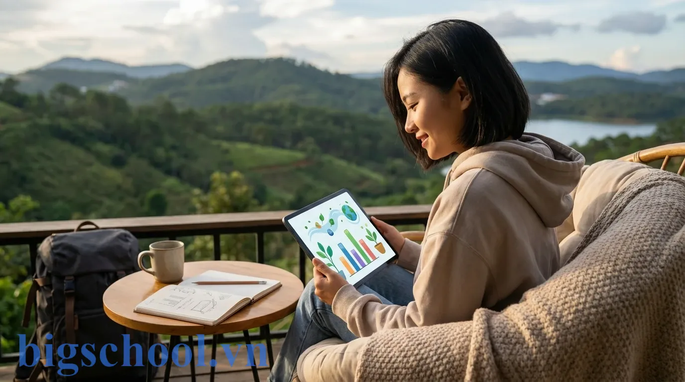 Viết đơn xin phép nghỉ học đi du lịch: Mẫu chuẩn & Cách thuyết phục (2026) 1 Học sinh sử dụng máy tính bảng để tự học trực tuyến trong chuyến du lịch gia đình.