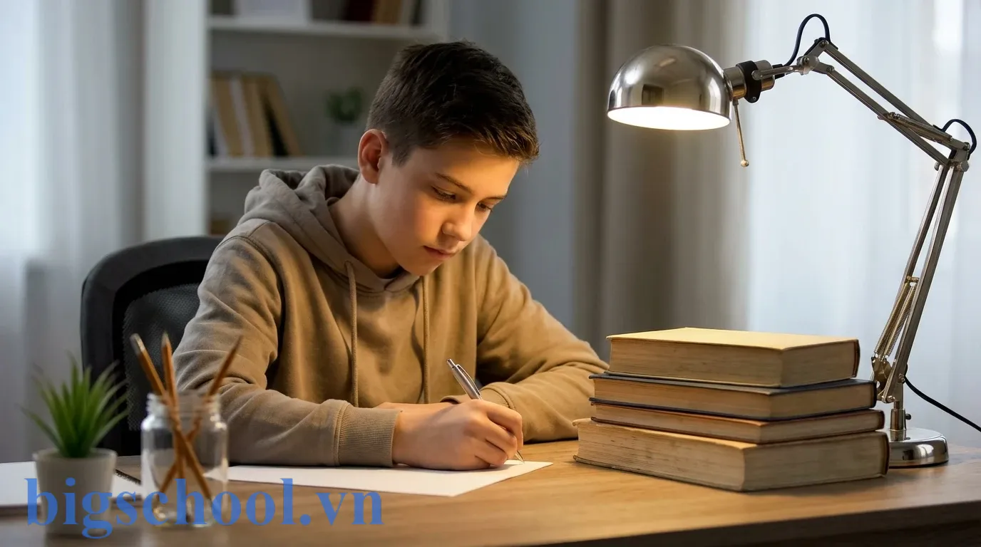 Mẫu đơn xin phép nghỉ học THCS 2026: File chuẩn & Cách viết lý do thuyết phục 1 Học sinh trung học cơ sở đang viết đơn xin phép nghỉ học tại bàn học cá nhân.