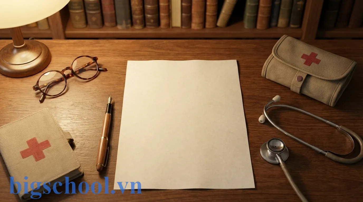 Mẫu đơn xin nghỉ học trang trọng đặt cạnh ống nghe y tế và sách học tập.