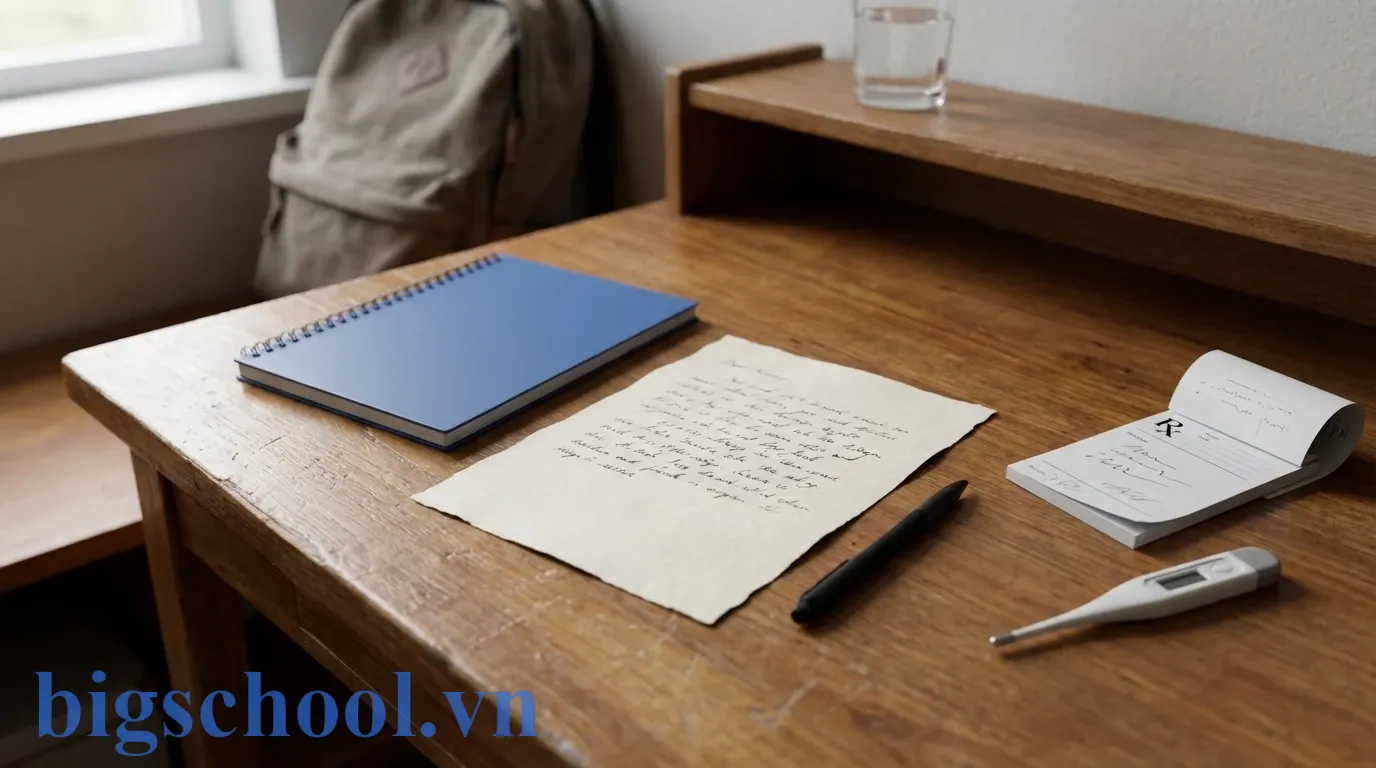 Mẫu đơn xin nghỉ ốm kèm giấy xác nhận y tế trên bàn học học sinh.