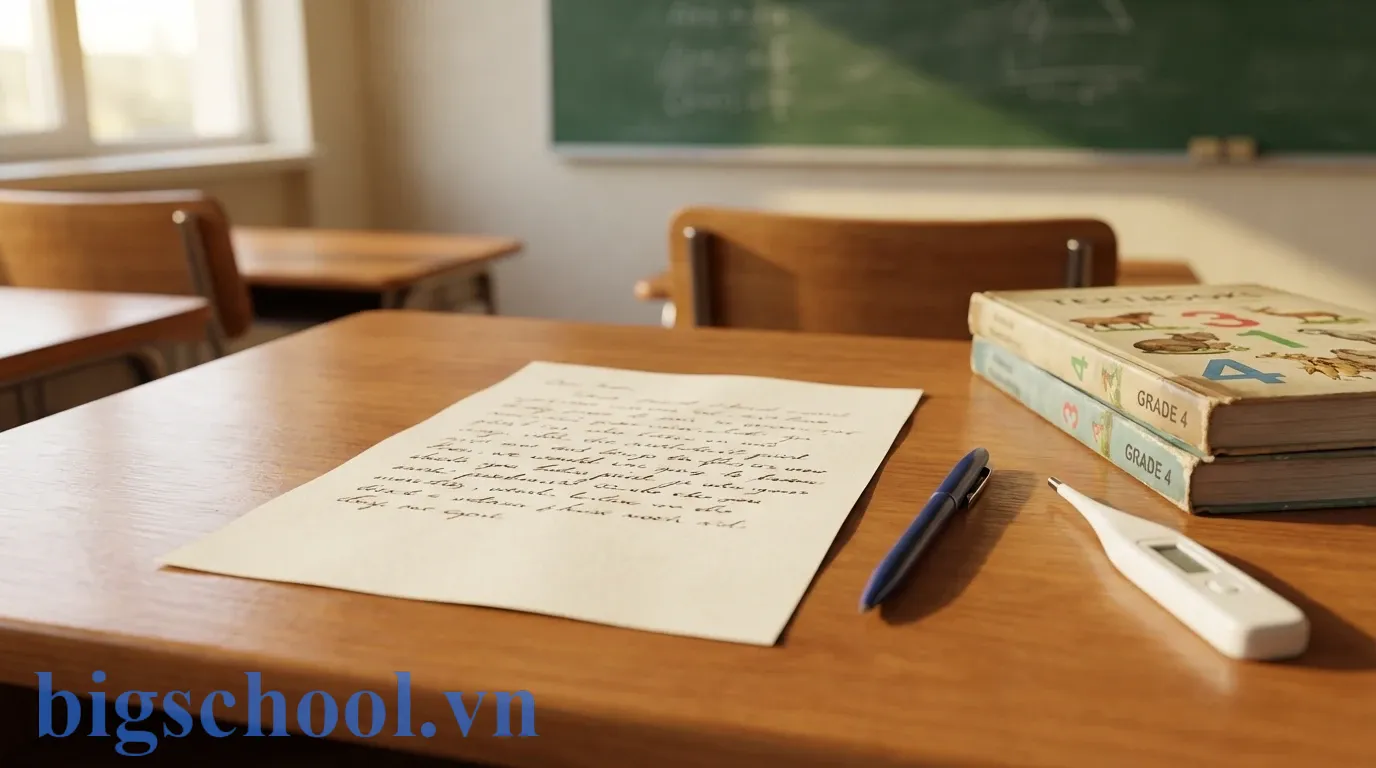 Mẫu đơn xin phép nghỉ học lớp 4 được trình bày sạch sẽ và chuyên nghiệp trên bàn học.