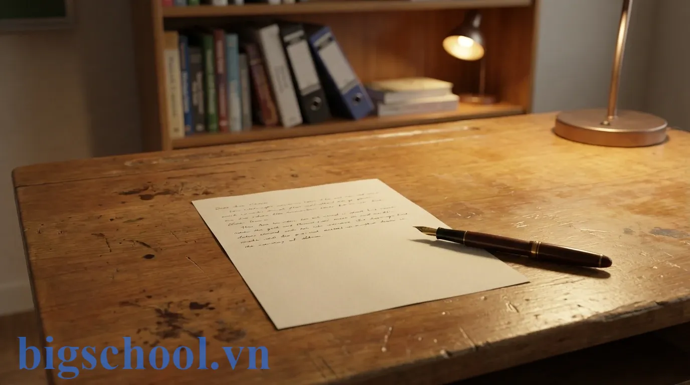 Mẫu đơn xin phép nghỉ học phụ đạo viết tay trình bày sạch sẽ trên bàn học của học sinh.