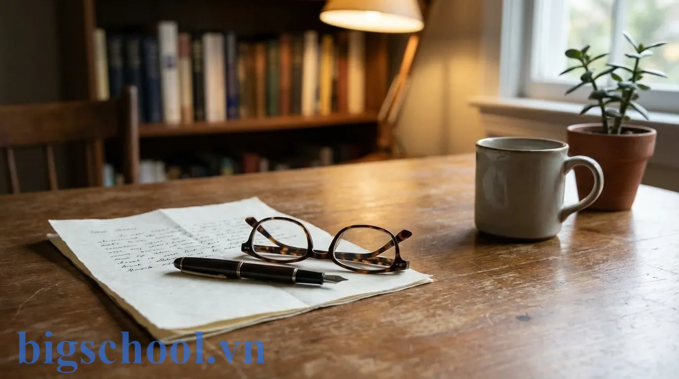 Mẫu đơn xin phép nghỉ học viết tay chỉn chu đặt trên bàn gỗ cùng bút mực và kính mắt.