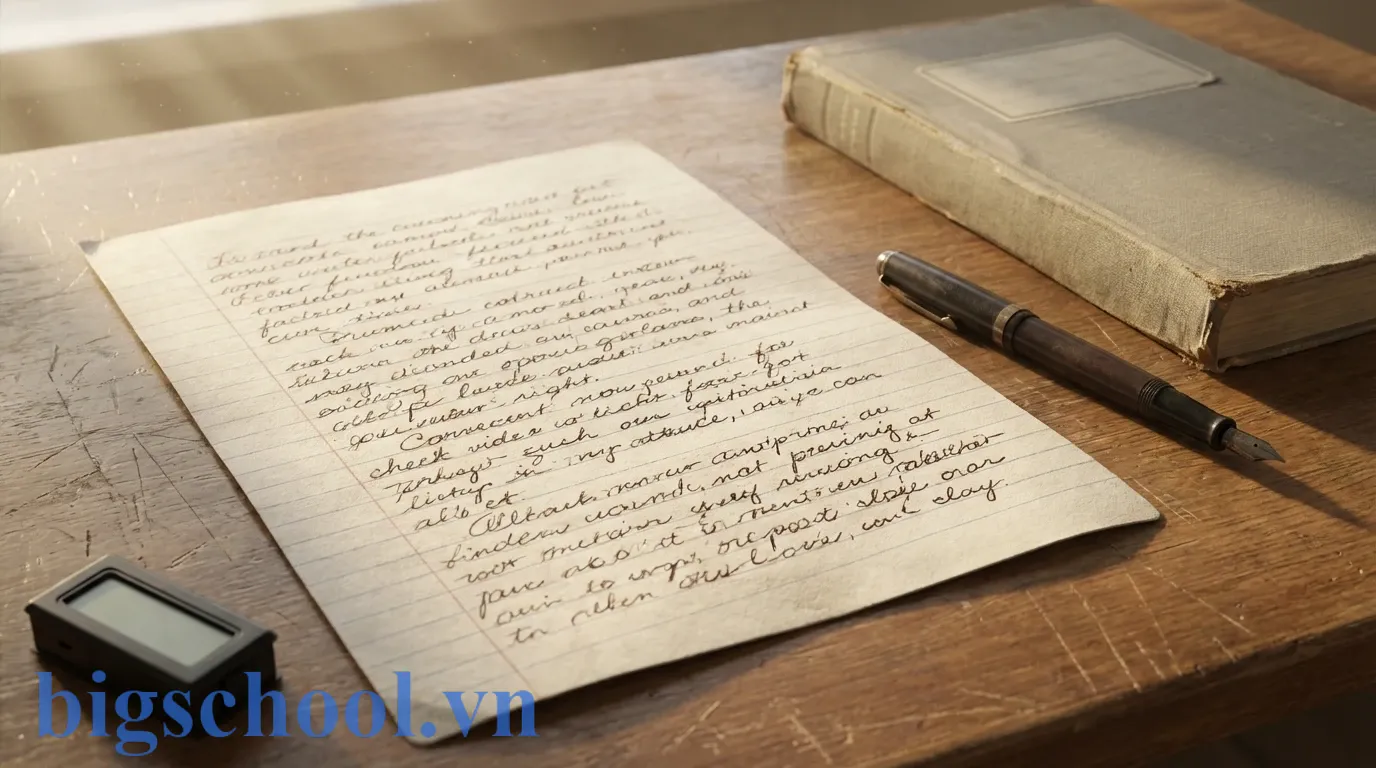 Mẫu đơn xin phép nghỉ học viết tay dành cho học sinh tiểu học đặt cạnh đồ dùng học tập.