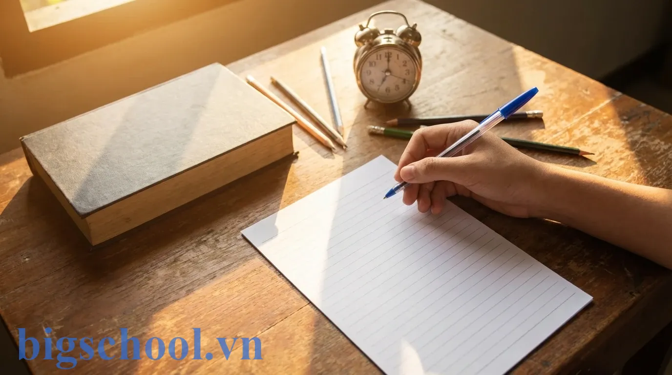 Một học sinh đang cẩn thận viết đơn xin phép nghỉ học bằng tay trên bàn gỗ với đầy đủ dụng cụ học tập.