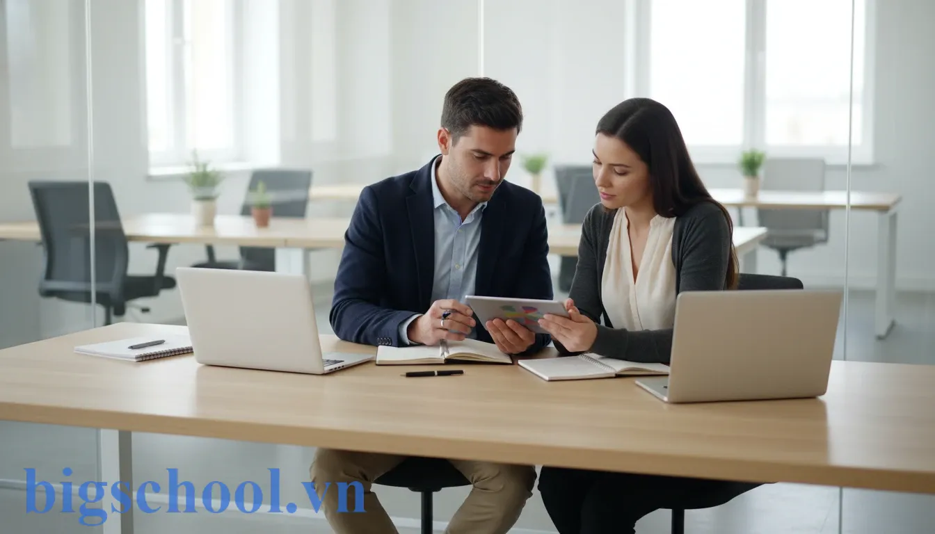 Nhân viên văn phòng nam nữ duy trì khoảng cách chuyên nghiệp và làm việc tập trung tại công sở.